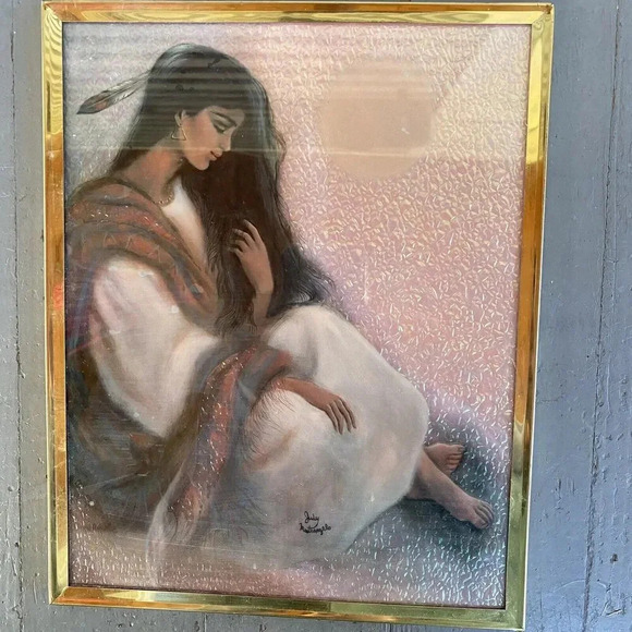 Rare VTG Judy Mastrangelo Foil Art Print Maiden & Moon Framed 8x10" Native Girl - Picture 1 of 10